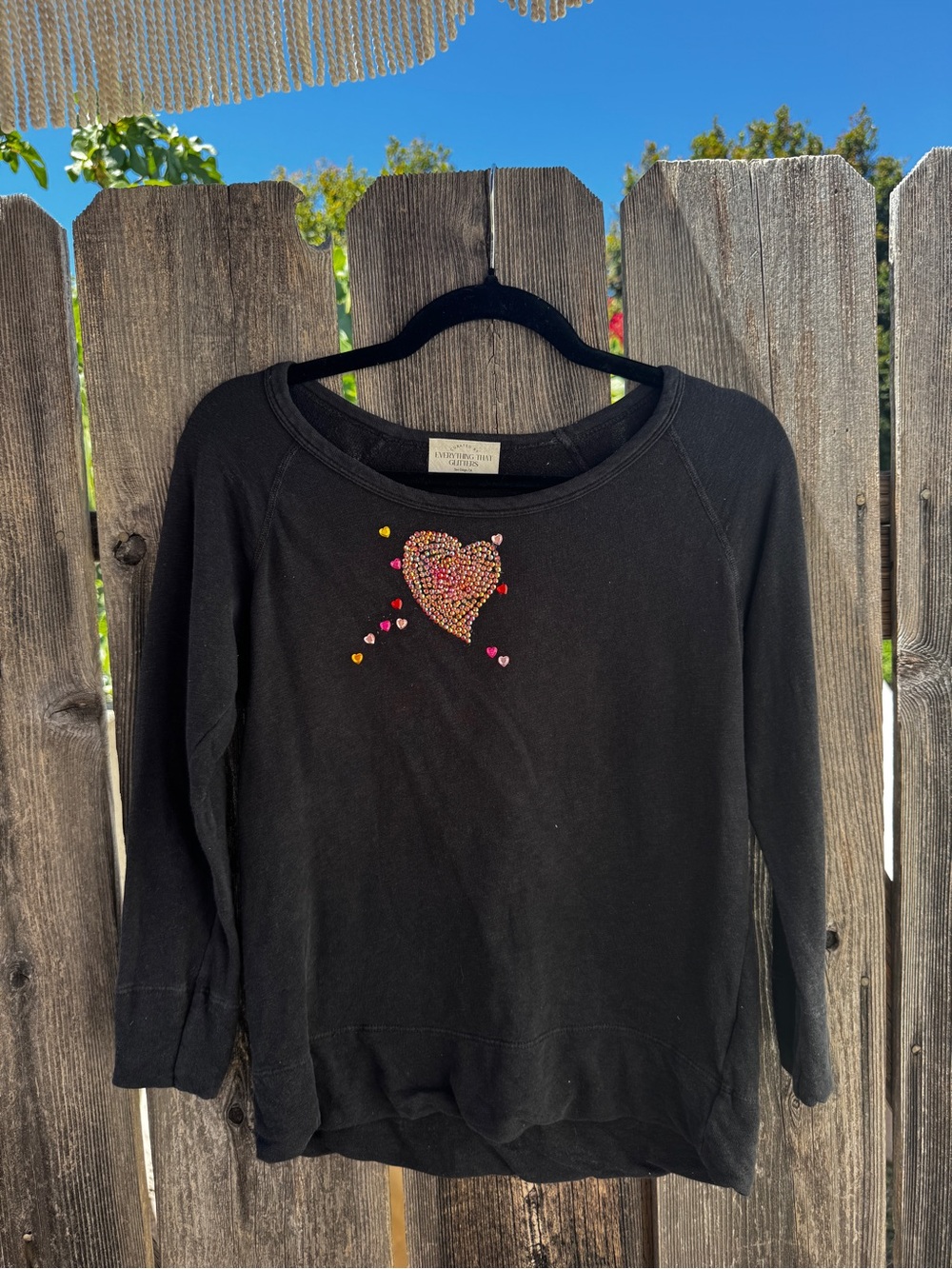 Everything That Glitter Black Heart Bedazzled Scoop Neck Shirt Upcycled